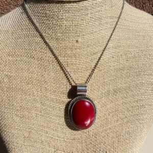 Vintage 925 Mexico Sterling Silver Red Coral Southwestern Statement Pendant